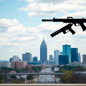 A city skyline of Birmingham focusing on safety initiatives against gun violence