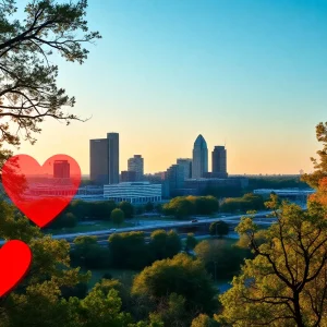 A scenic view of Birmingham with heart health symbols