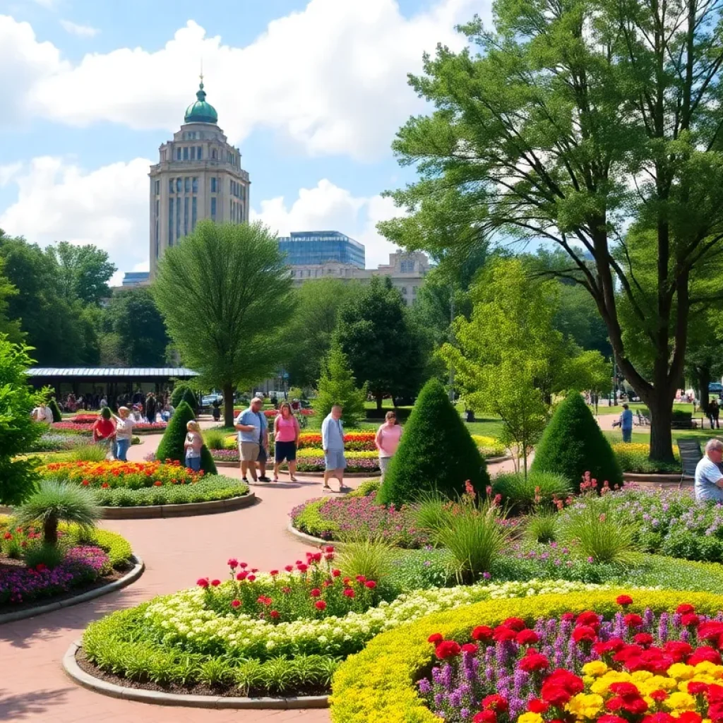 A scenic view of Birmingham's Railroad Park filled with flowers and visitors.