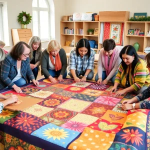 Participants working together on a quilt honoring lynching victims in Birmingham.