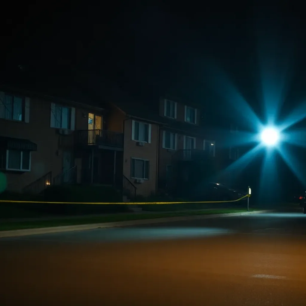 Police lights illuminate the Adona Apartments following a shooting incident.