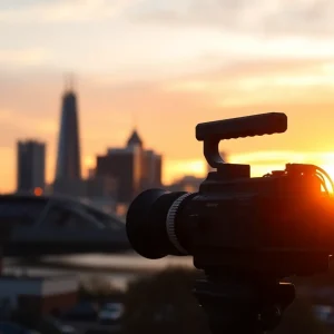 Birmingham skyline with a film camera silhouette