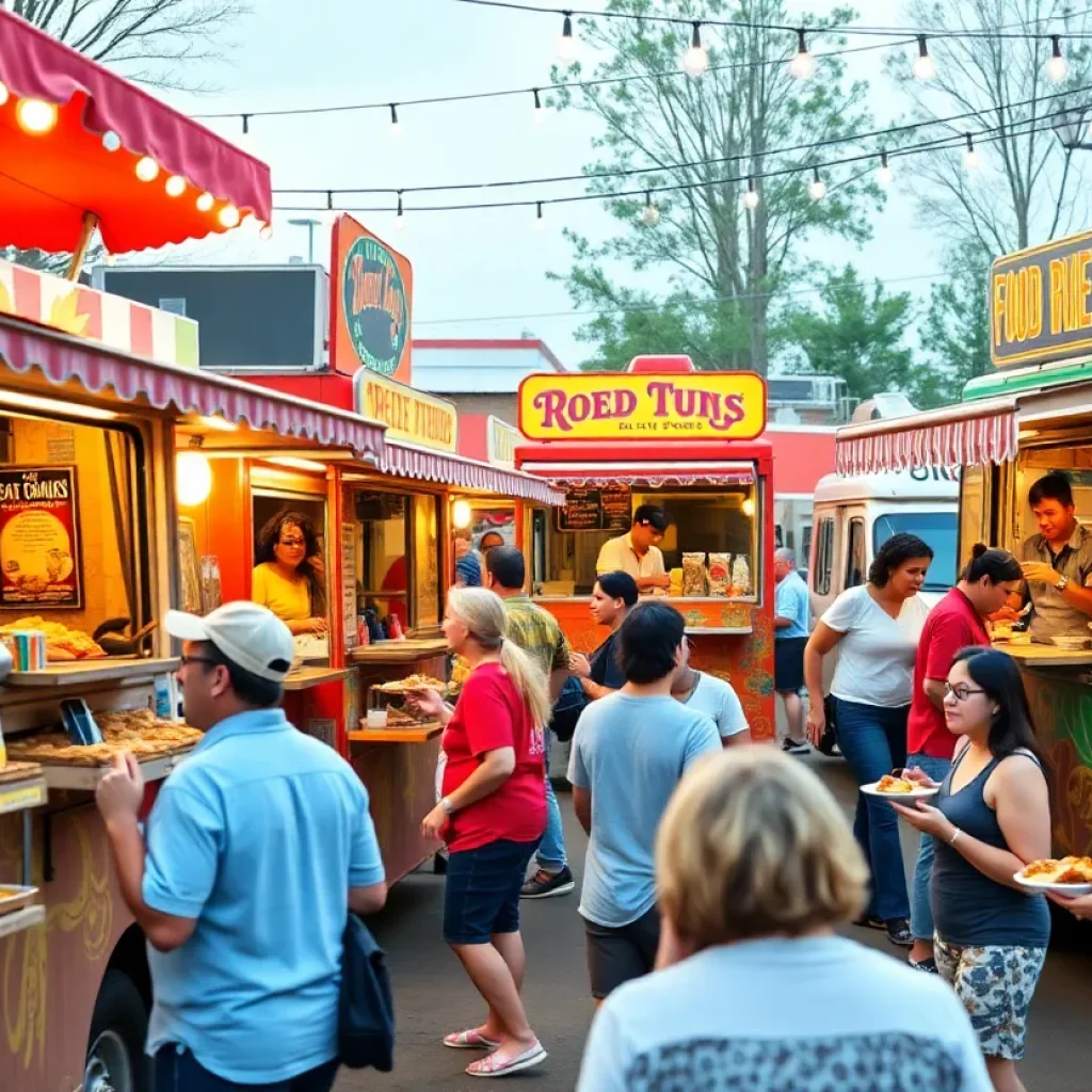 A vibrant street food scene in Birmingham featuring food trucks and diverse dishes.