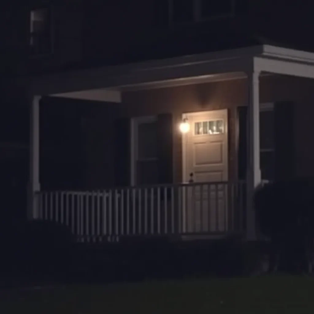 Birmingham home with lights on at night, indicating community mourning.