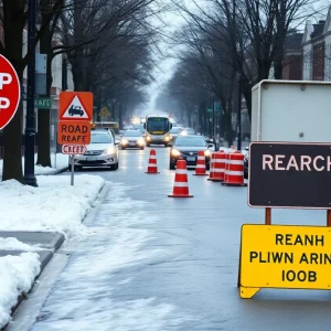 Road repairs in Birmingham during winter weather