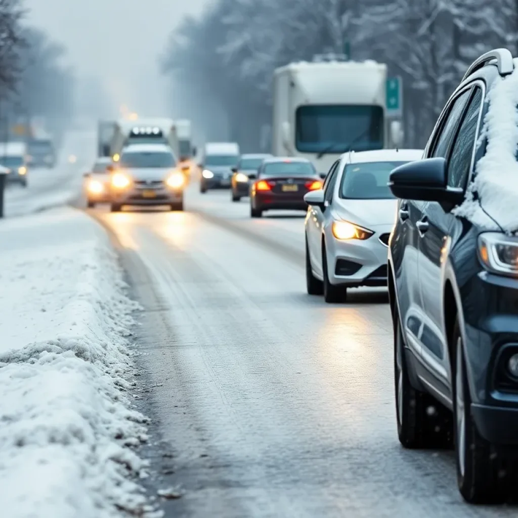 Traffic on snow-covered road in Birmingham during winter weather