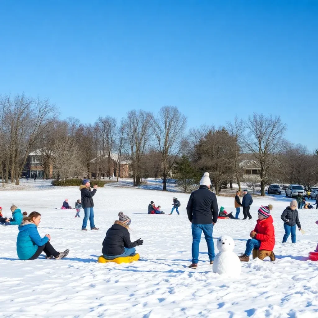 Families and children sledding in a snowy Birmingham park