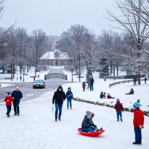 Snow-covered Birmingham with families enjoying winter activities.