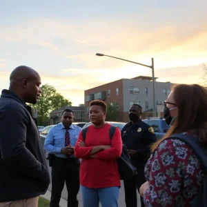 Residents engaged in a discussion about safety in Birmingham with police in the background.