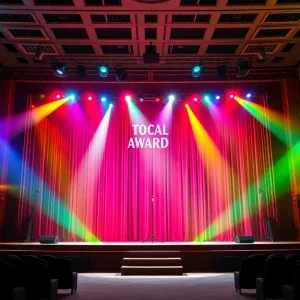 An award ceremony for local theatre with a decorated stage.