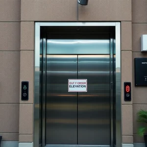 Elevator out of order sign at City Center Place Apartments in Birmingham.