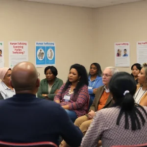 Community meeting advocating against human trafficking in Birmingham.