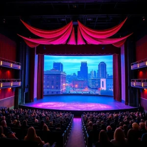 A vibrant theatre stage representing Encore Theatre & Gallery in Birmingham's downtown.