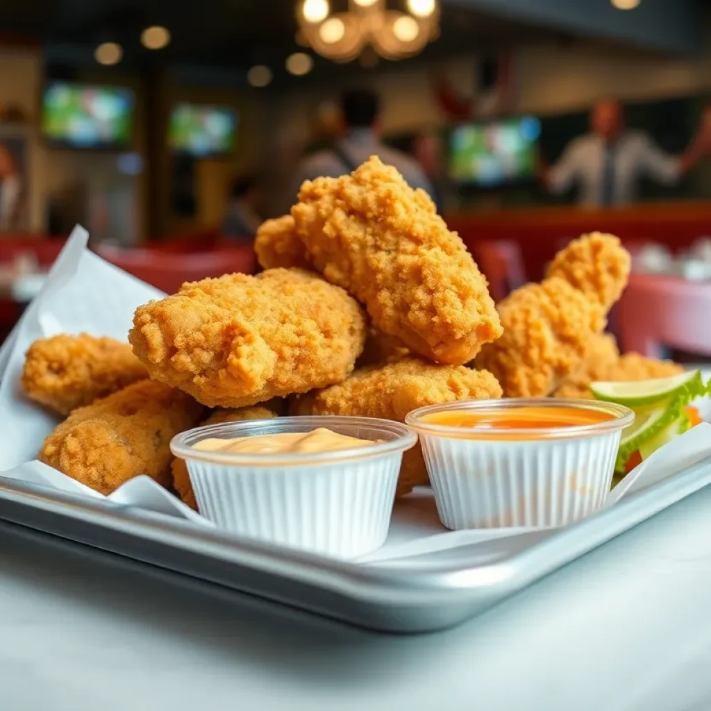 Plate of Guthrie's chicken fingers with dipping sauce