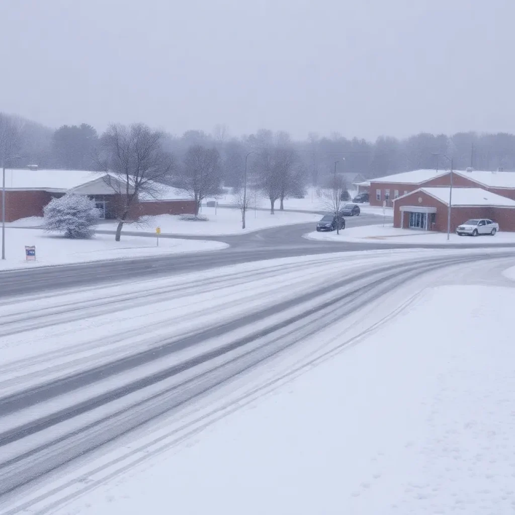 A school building surrounded by snow and icy roads in Central Alabama.