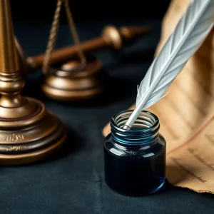 A quill pen and inkwell on parchment symbolizing justice and freedom.