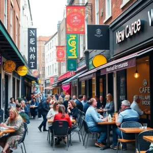 Scene of new restaurants and cafes in Birmingham with happy patrons.