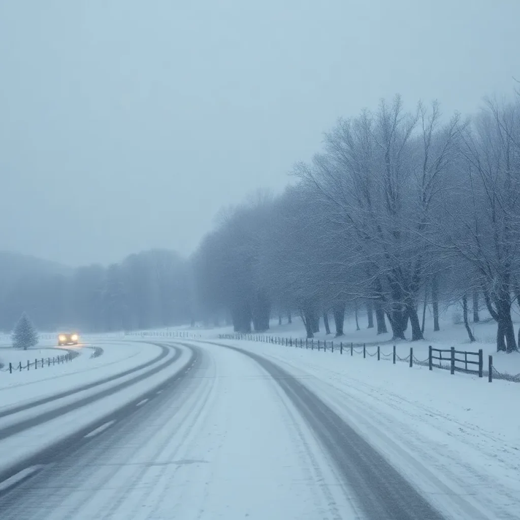 Snow-covered road in Northern Alabama during a winter storm