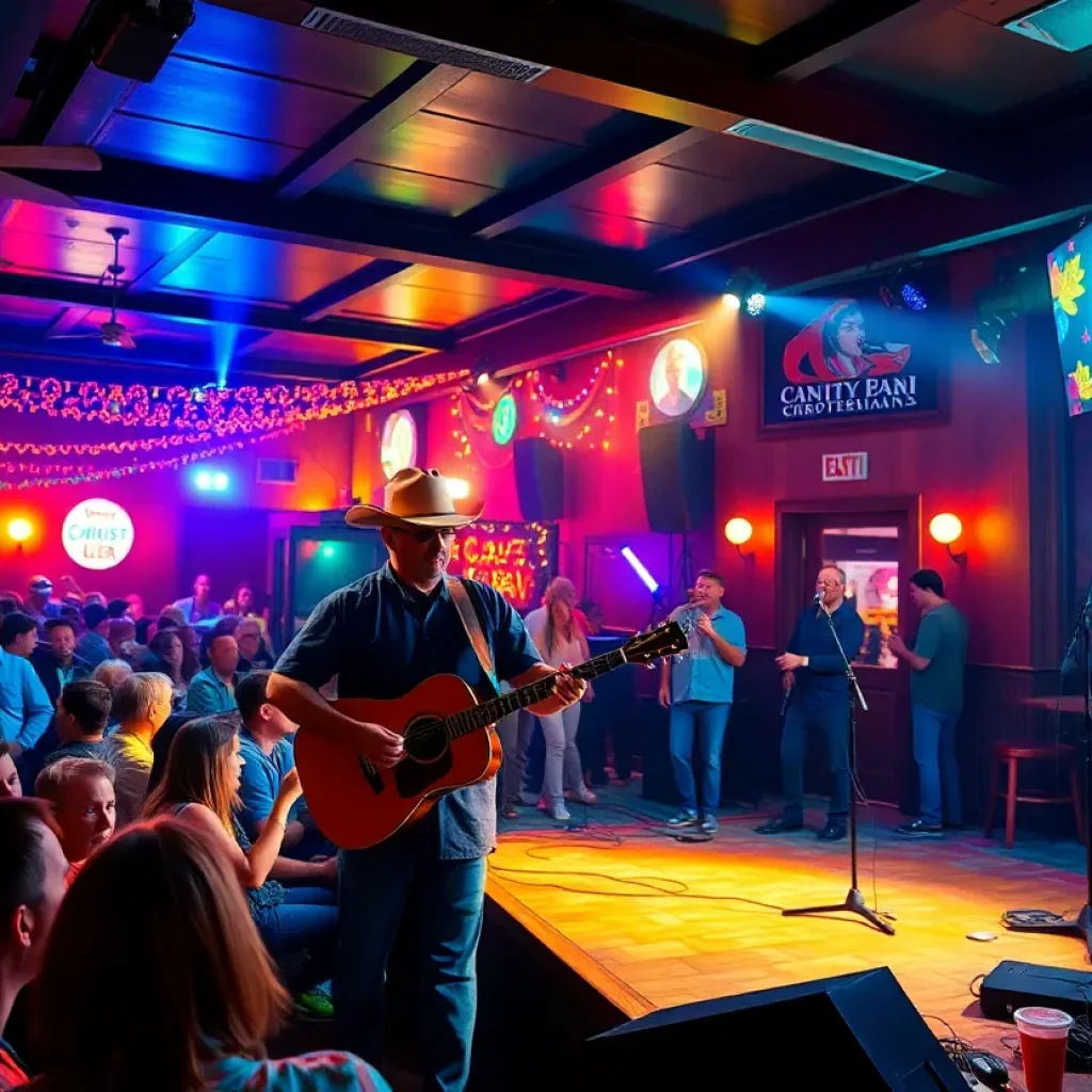 Country music artist performing live on stage at a restaurant