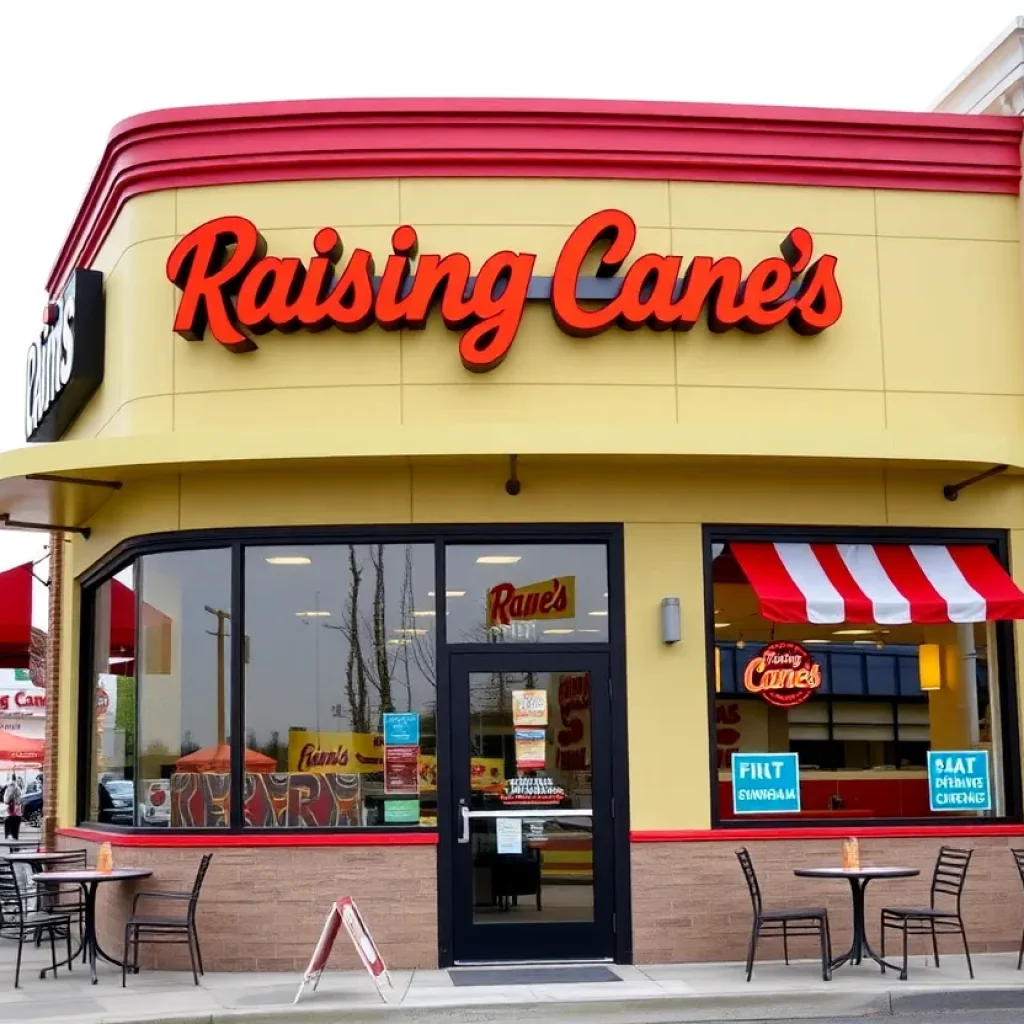 Exterior view of Raising Cane's restaurant in Birmingham, Alabama.