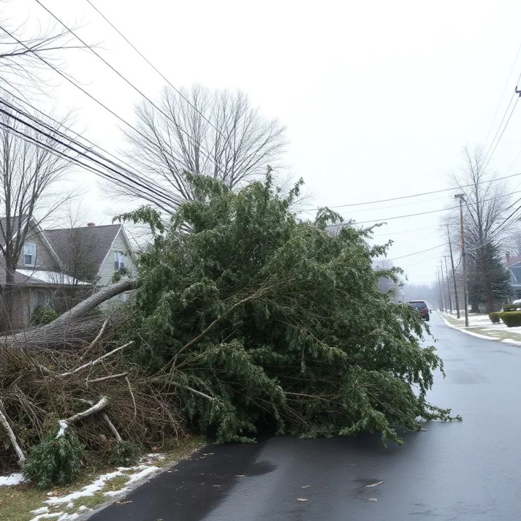 Neighborhood affected by severe weather with fallen trees and icy conditions