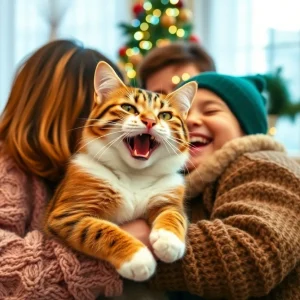 A cat being welcomed home by its family, celebrating the New Year.