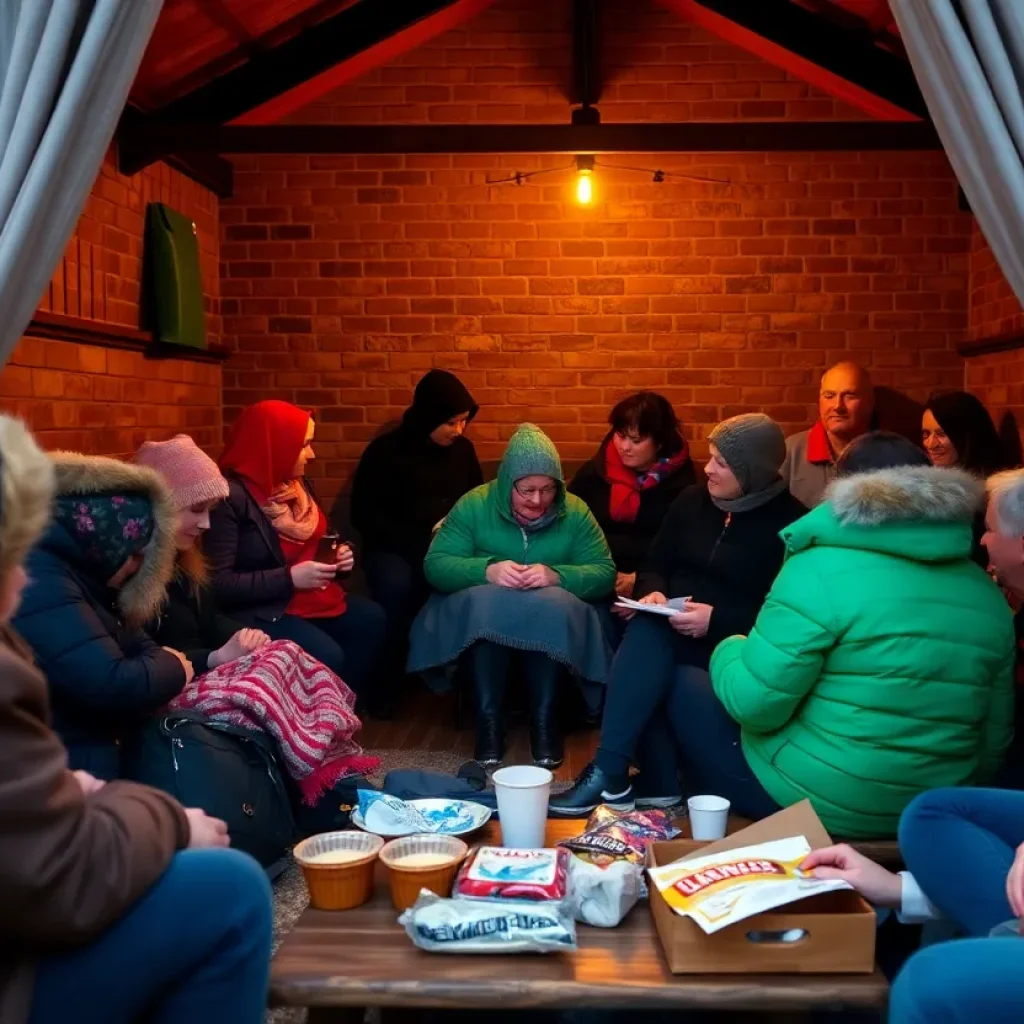 People finding warmth at a warming station in Birmingham during winter.