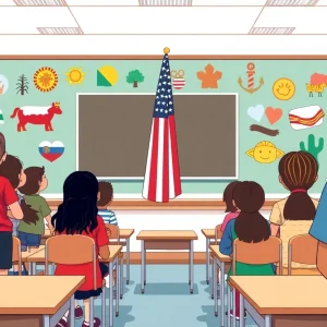 Students in a classroom reciting the Pledge of Allegiance.