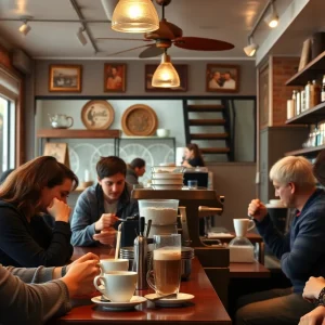 Coffee lovers enjoying drinks in a popular Alabama coffee shop