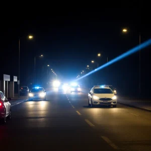 Police lights illuminate a Birmingham street following a tragic shooting incident.