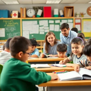 A classroom filled with diverse students learning together.