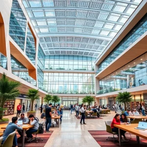 Modern university campus with students collaborating in Dubai