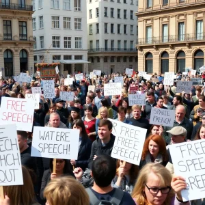 Demonstrators in Birmingham protesting for free speech rights