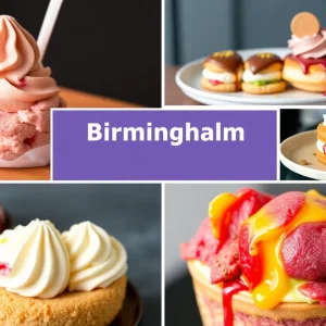 A variety of desserts from Birmingham including gelato, pastries, and ice cream.