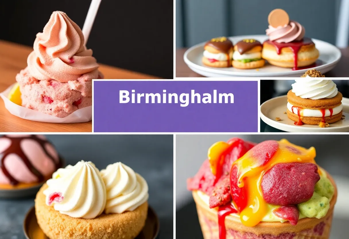 A variety of desserts from Birmingham including gelato, pastries, and ice cream.