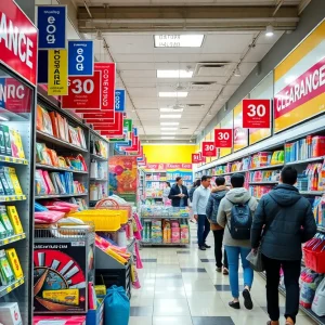 Interior of Crazy Cazboy's store with shoppers exploring clearance goods.