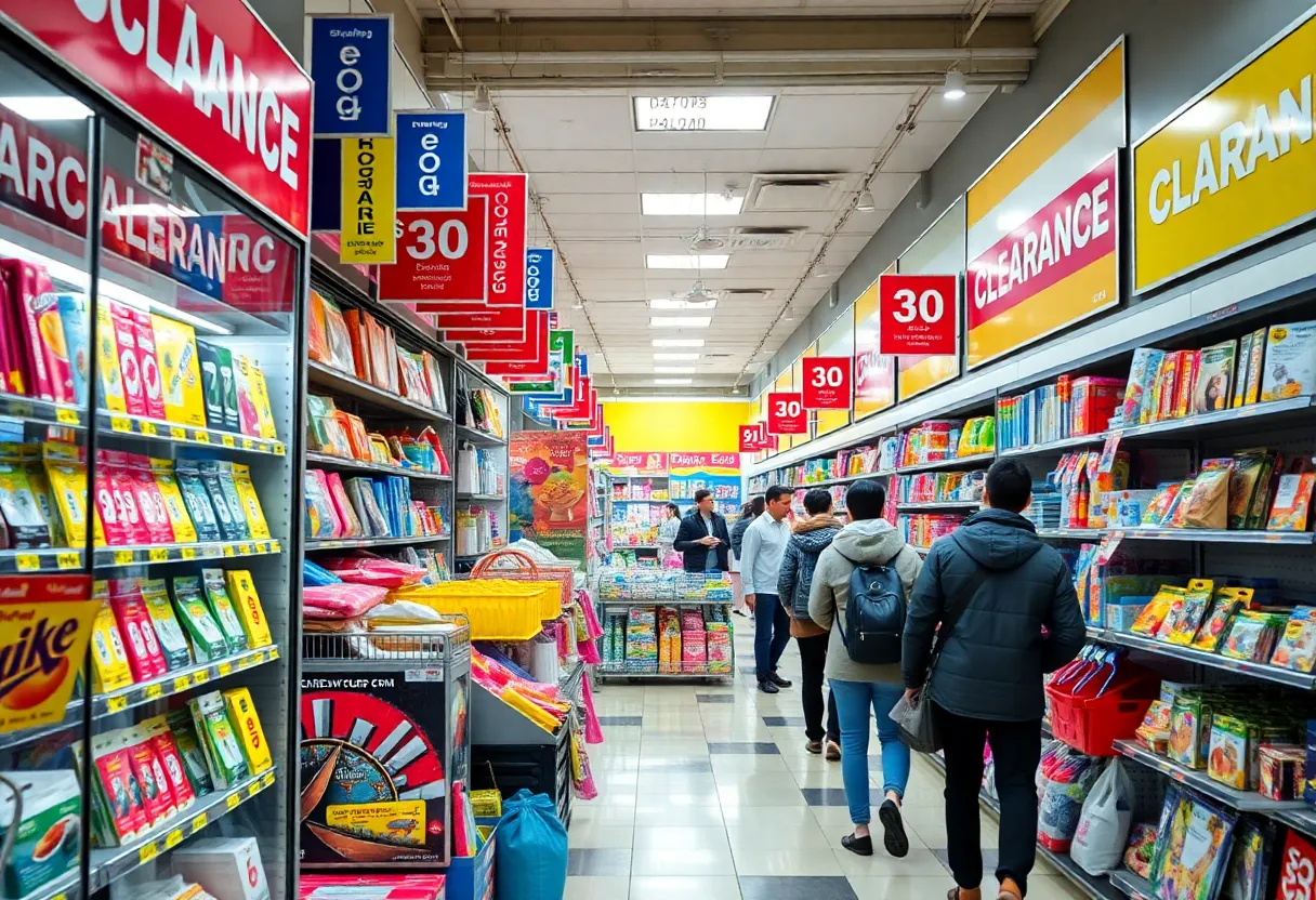 Interior of Crazy Cazboy's store with shoppers exploring clearance goods.