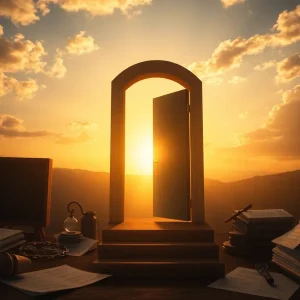 An open door leading to a sunrise symbolizing hope and justice.