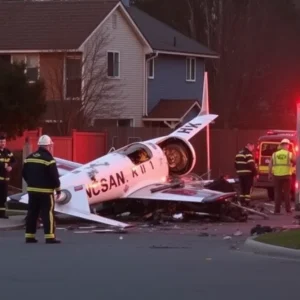 Emergency responders at the site of the Learjet crash