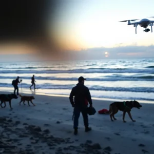 Rescue teams searching the beach for a missing college student.