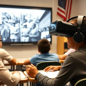 Students participating in a virtual reality Civil Rights movement educational program.