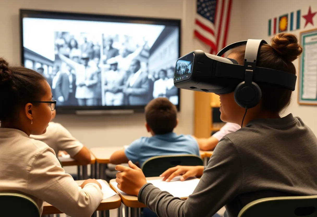 Students participating in a virtual reality Civil Rights movement educational program.